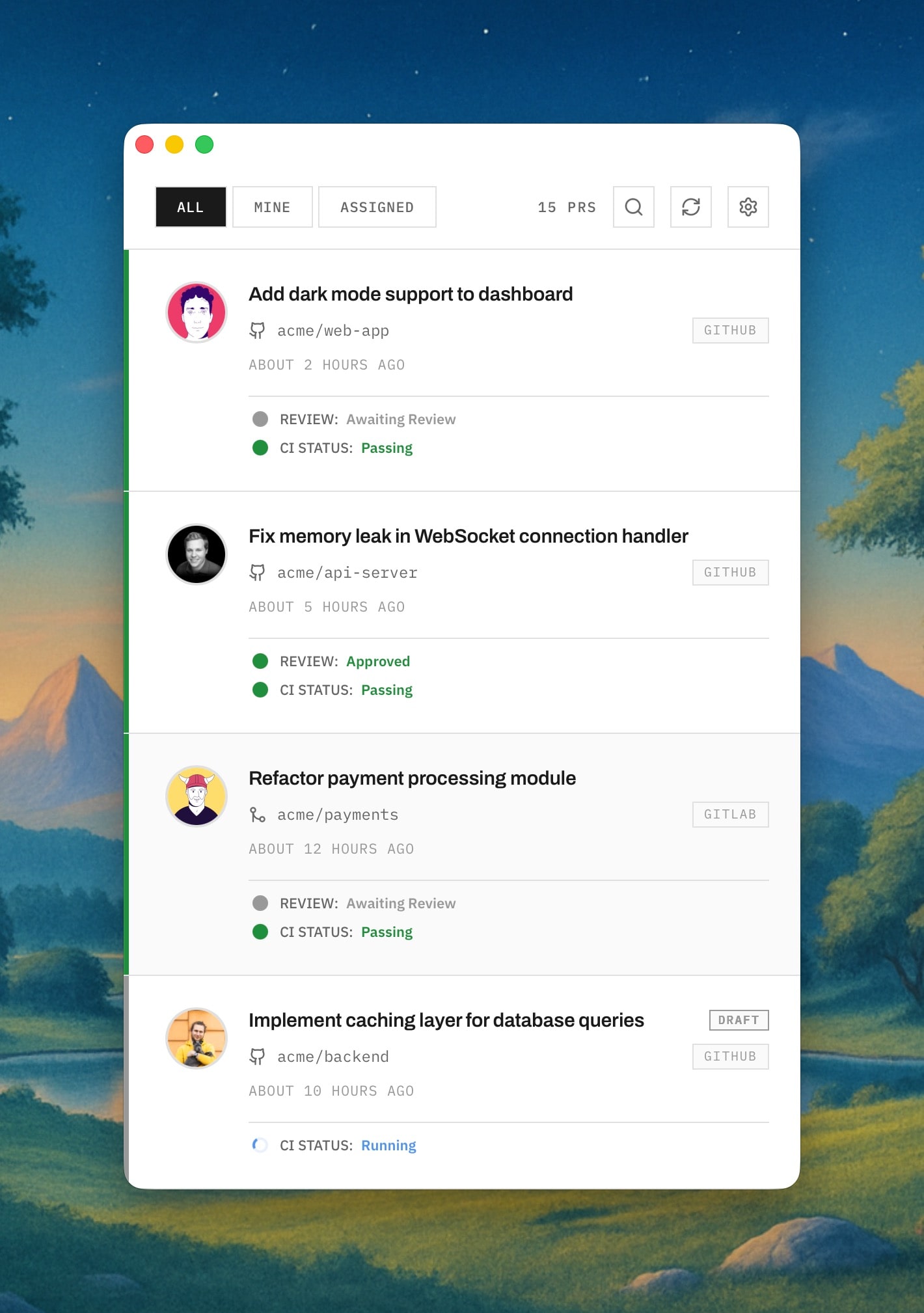 MergeHelper main application window showing detailed view of GitHub and GitLab pull requests and merge requests with filtering options