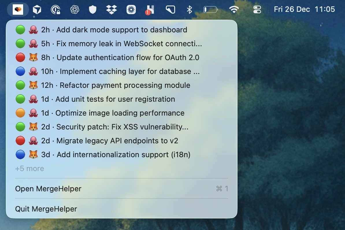 MergeHelper Mac menubar dropdown displaying GitHub pull requests and GitLab merge requests in a clean list view with status indicators
