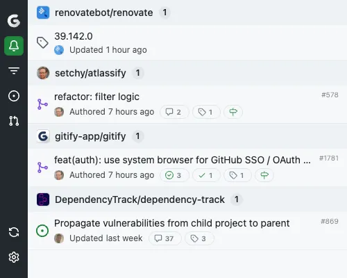 Gitify notifications list showing GitHub items in a compact menu bar view