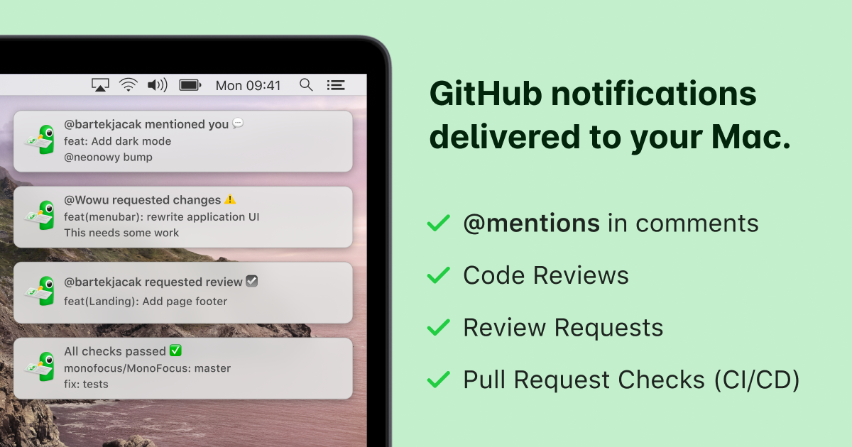 GitPigeon notification view emphasizing GitHub mentions, reviews, and CI checks