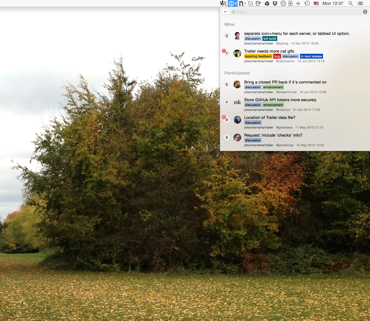 Trailer.app interface highlighting GitHub pull requests, issues, and Notification Center integration